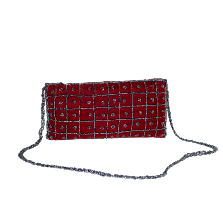 Handmade Velvet Beaded Clutch Bag with Chain Strap in Red Floral Design